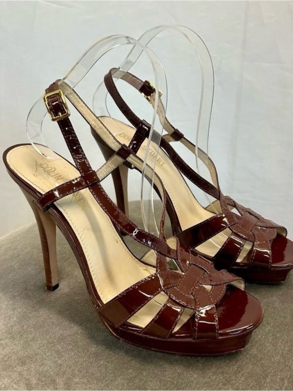 Colin Stuart burgundy patent strappy leather platform high heel sandals Sz 9